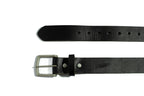 Black leather belt with silver buckle on a white background